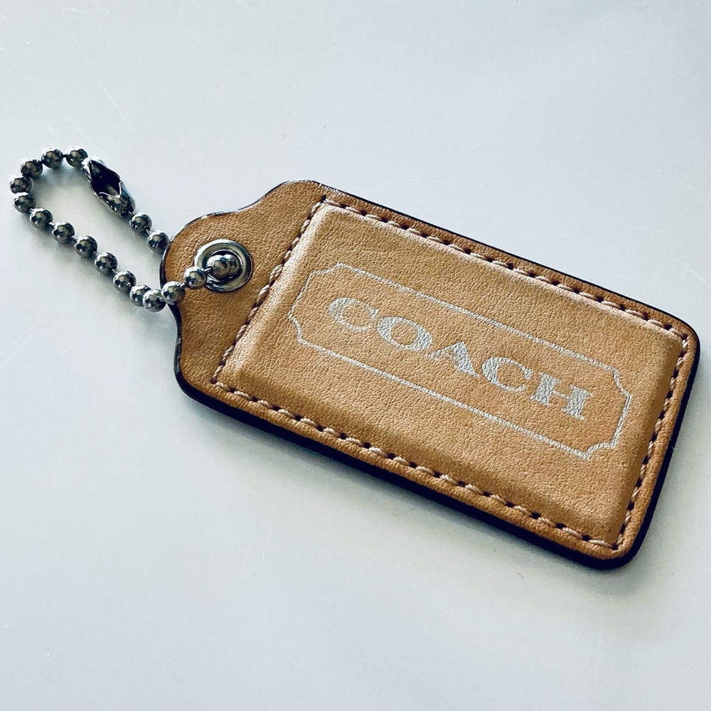 COACH, Silver Stamped Tan Brown Genuine Leather Hang Tag Fob w/Bead Chain, Large